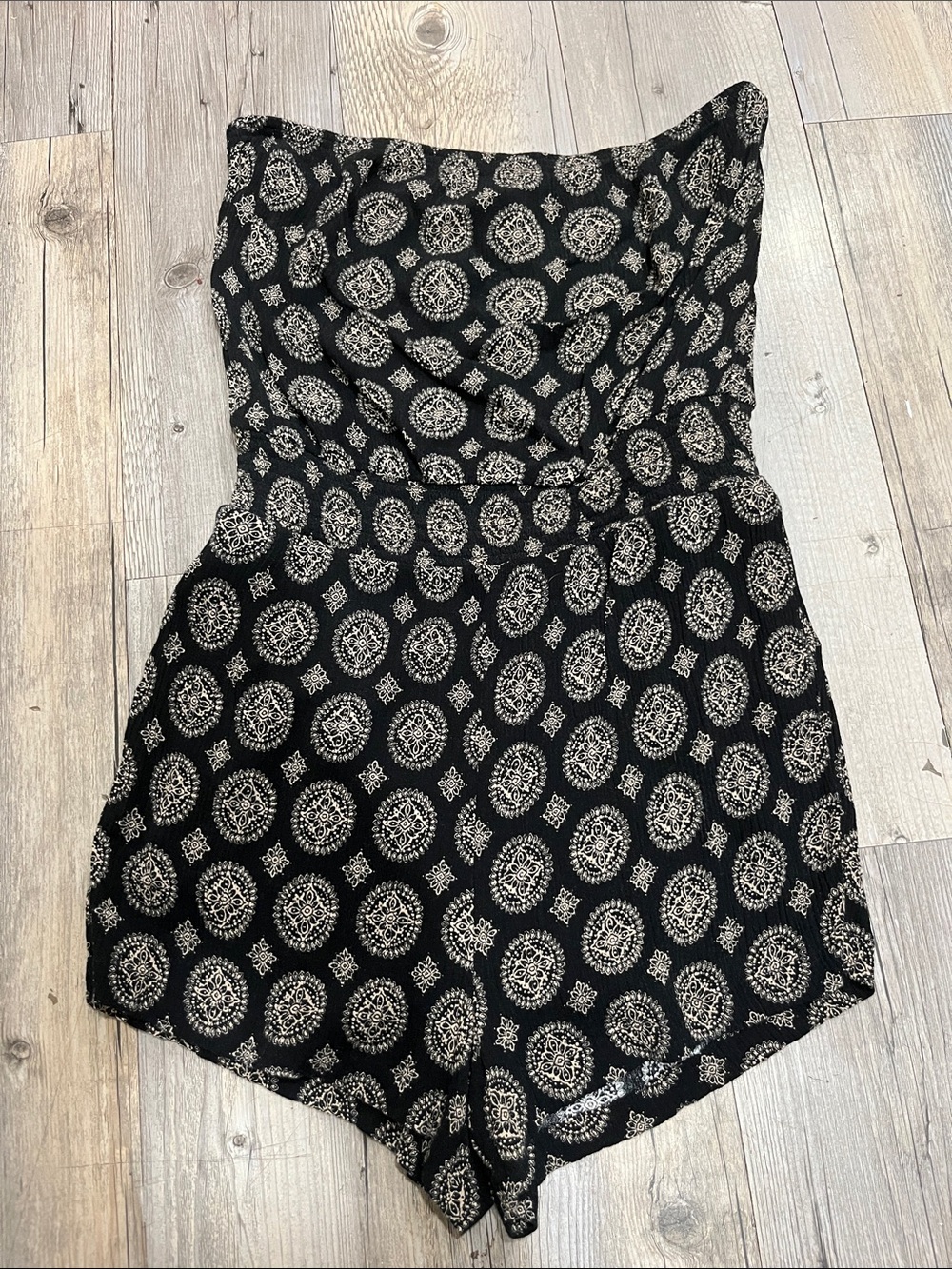 Forever 21 Black Strapless Romper with Cream Medallion Print